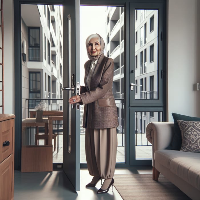 Stylish Elderly Woman Exiting Immaculate Urban Flat