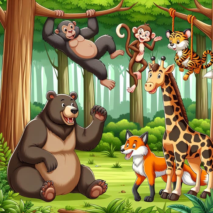 Whimsical Forest Animals Chatting - Cartoon Style Illustration
