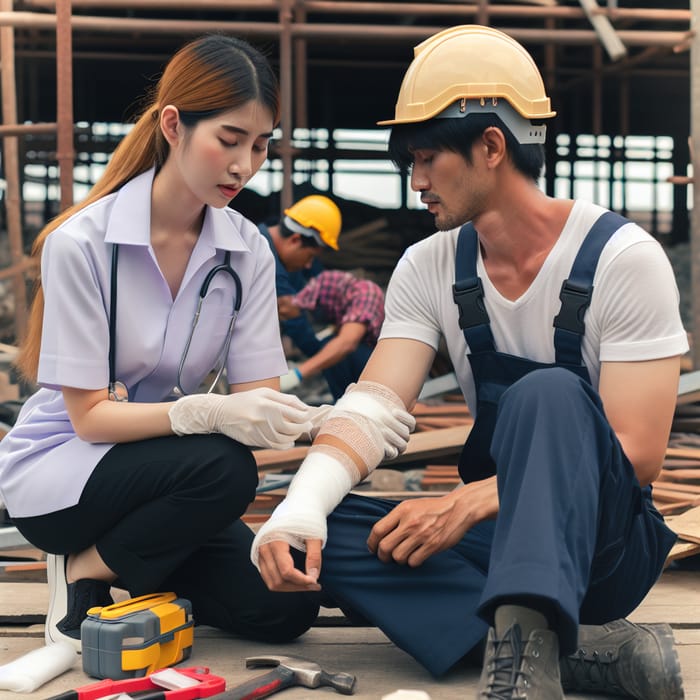 Workplace Injury First Aid: Nurse Treats Construction Worker
