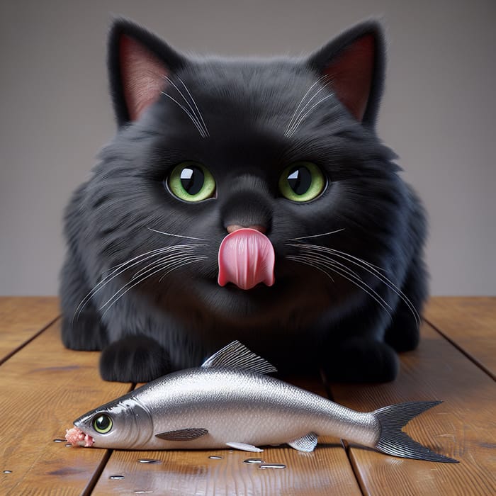 Black Cat Eating Fish on Table