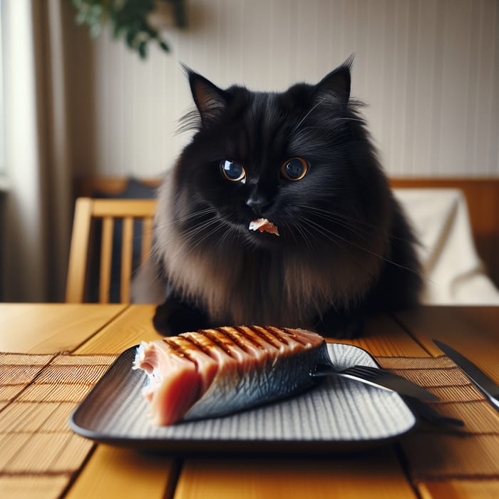 Scottish Longhair Cat with Blue Eyes Eating Grilled Tuna on Table