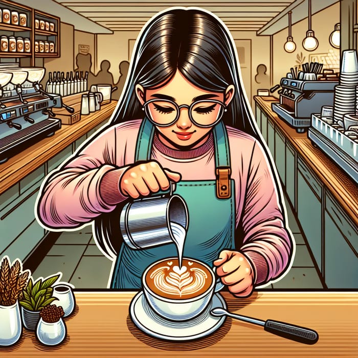 Cartoon Barista Makes QYS Latte Art with Milk Cream on Coffee Cup