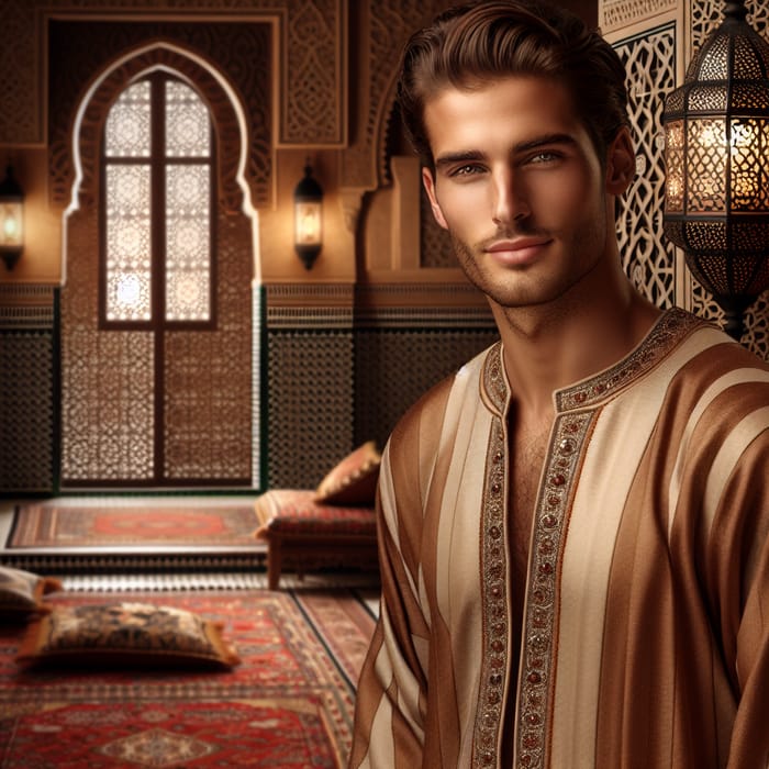 Moroccan Man in Traditional Attire Standing Barefoot on Persian Rug