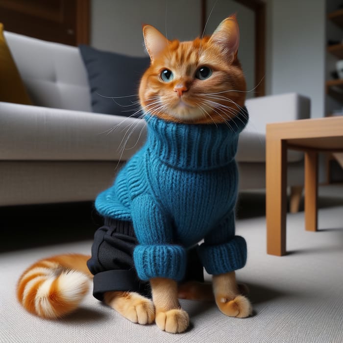 Stylish Orange Cat in Cerulean Sweater & Black Pants