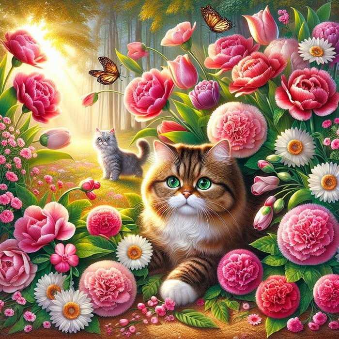 Enchanting Floral Scene with Playful Cats | Flowers Cats