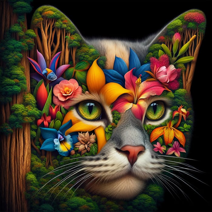 Exotic Flowers & Cat in Serene Forest Scene