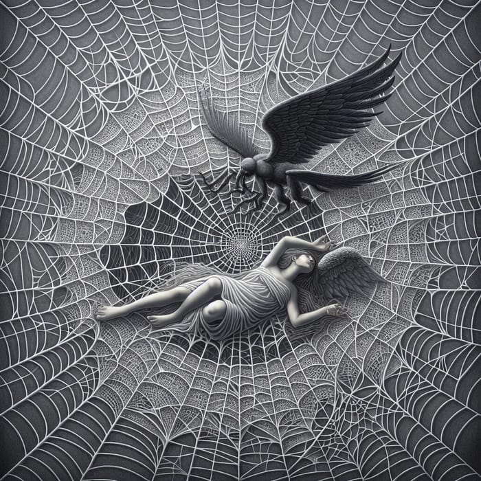 Intricate Spider Web with Dark Angel Reaching for Halo