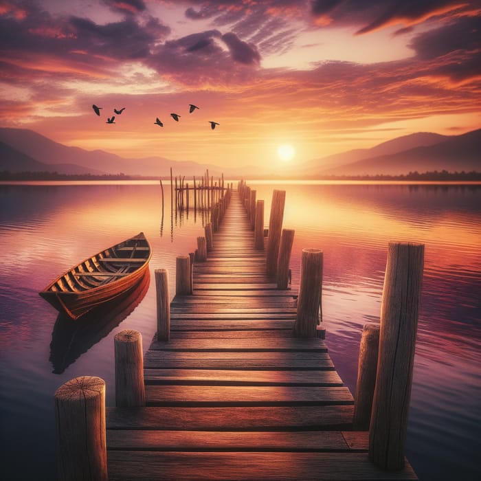 Serene Lake Sunset on Rustic Pier, AI Art Generator