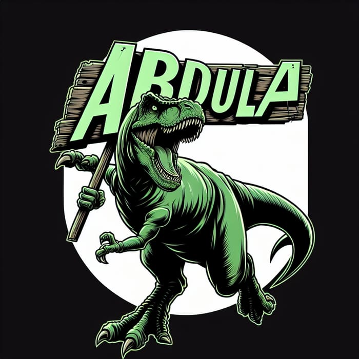 Greenish Manga T-Rex Screaming 'ABDULLA' on Black Background