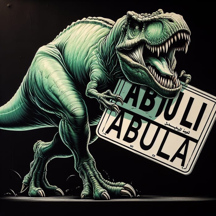 Impressive Green T-Rex Roaring with ABDULLA on Sign