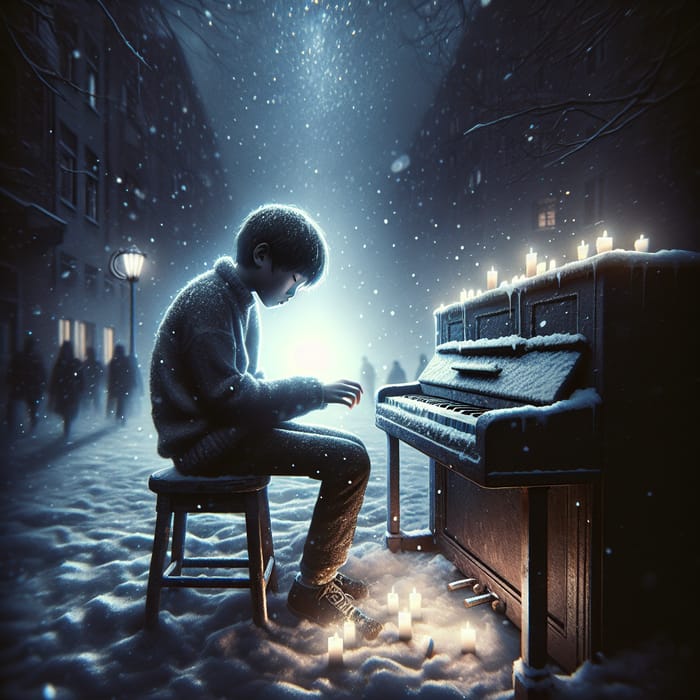 Asian Teen Playing Piano in Snowy Night Harmony