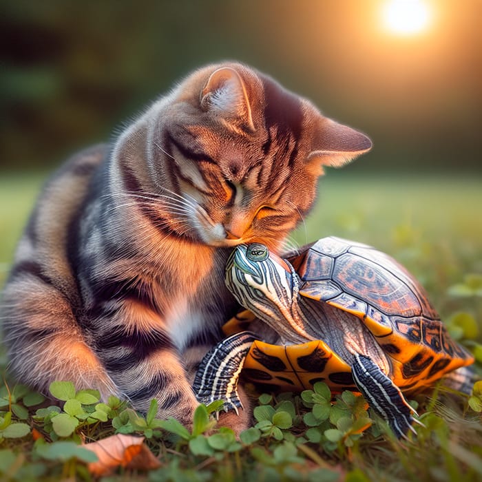 Turtle and Cat Embrace in Nature