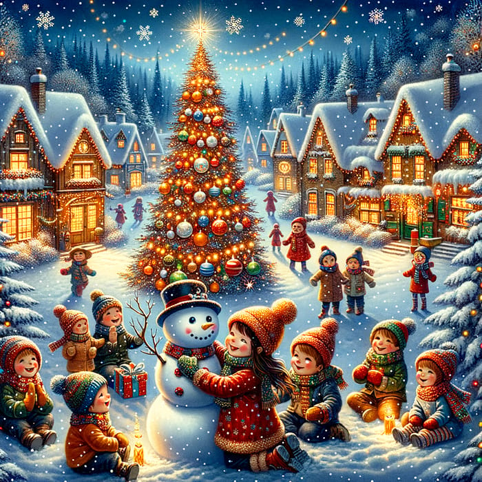 Festive New Year Illustration - Snowy Village Celebration