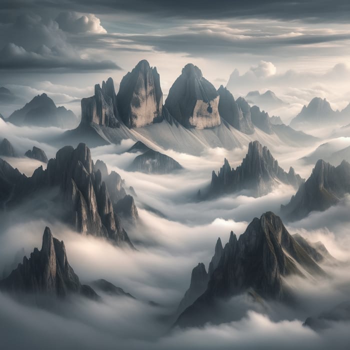 Mystical Fog-Covered Mountain Peaks