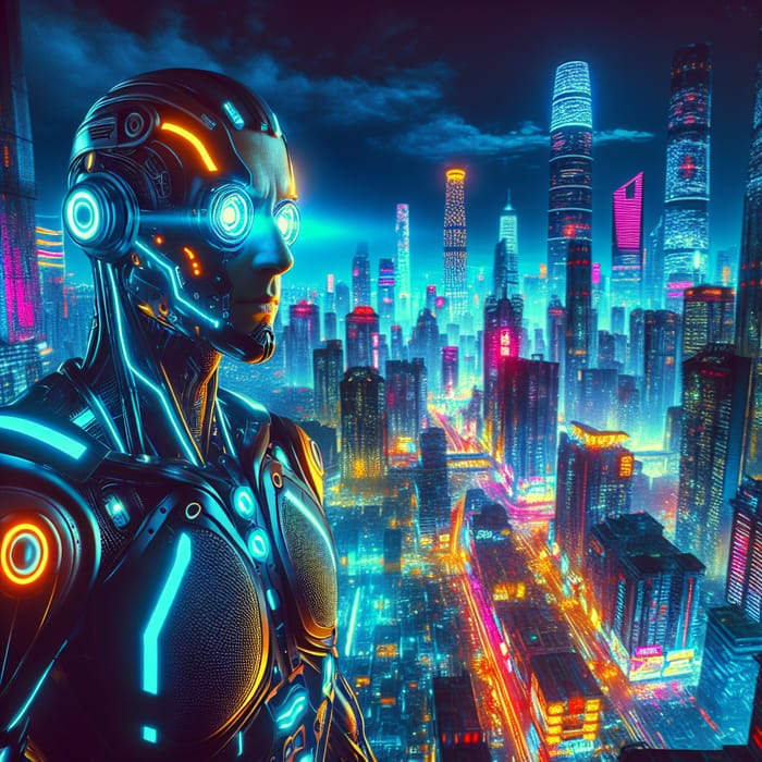 Neon-lit Cyberpunk Mercenary in Futuristic Cityscape