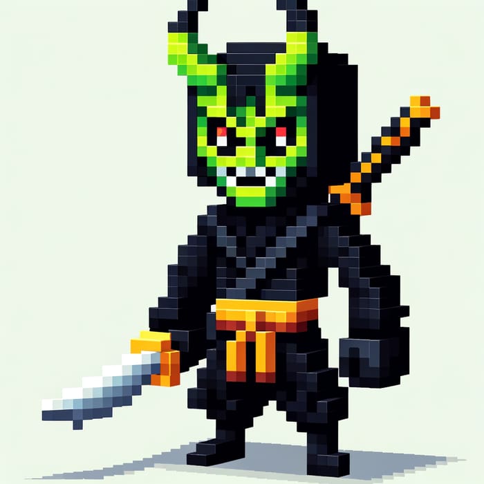 Black Ninja with Green Demon Mask and Katana in Pixelated World