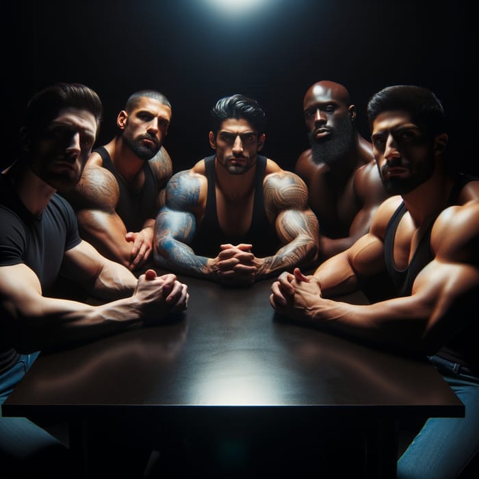 Five Muscular Men Sitting Around Table in Dim Light