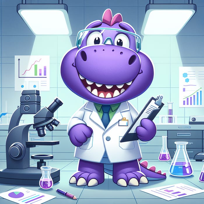 Purple Dinosaur Researcher in Lab | Cartoon Scientist Character