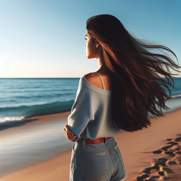 Girl Gazing Over Beach: Peaceful Scene with Hispanic Girl