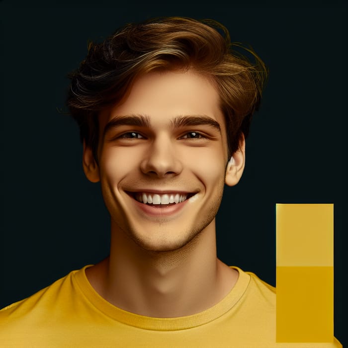 Realistic Happy Person Looking at Me on Dark Background with Yellow Tones