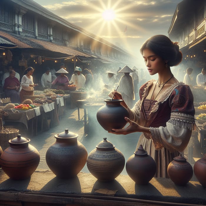 19th Century Philippine Outdoor Market: South Asian Woman Selling 3 Crafted Pots