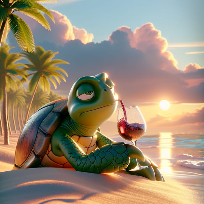 Turtle Drinking Wine on Beach | Serene Scene