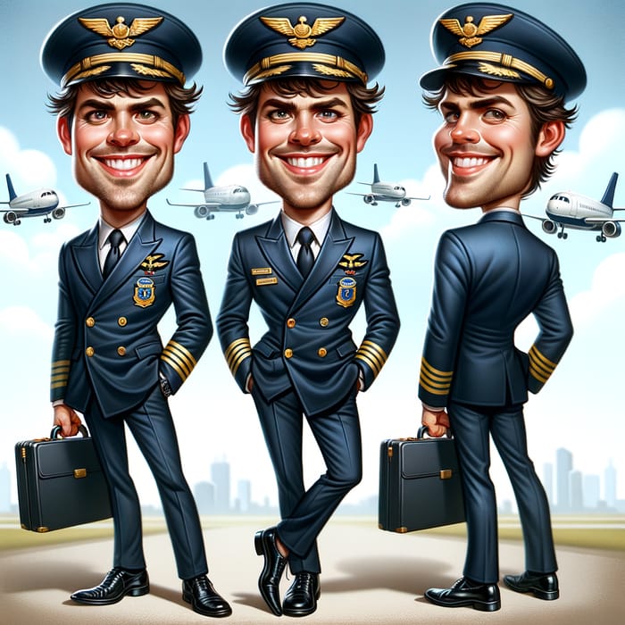 Caucasian Male Pilot Caricature | Big Smile, Full Uniform