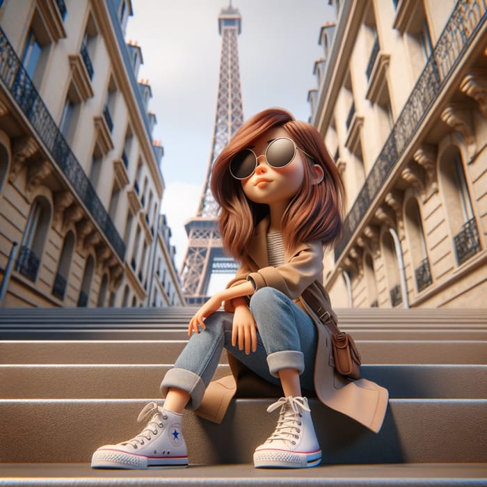 Pixar-Style Animation: Girl with Sunglasses, Copper-Brown Hair, Beige Jacket & Converse Sneakers on Staircase with Eiffel Tower