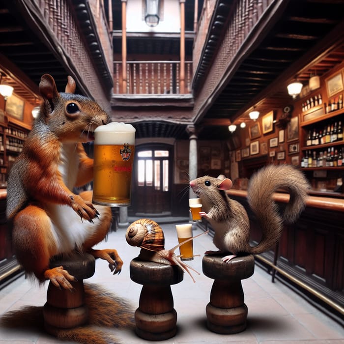 Surreal Moment: Squirrel, Mollusk, and Mouse Sipping Beer in Madrid Pub