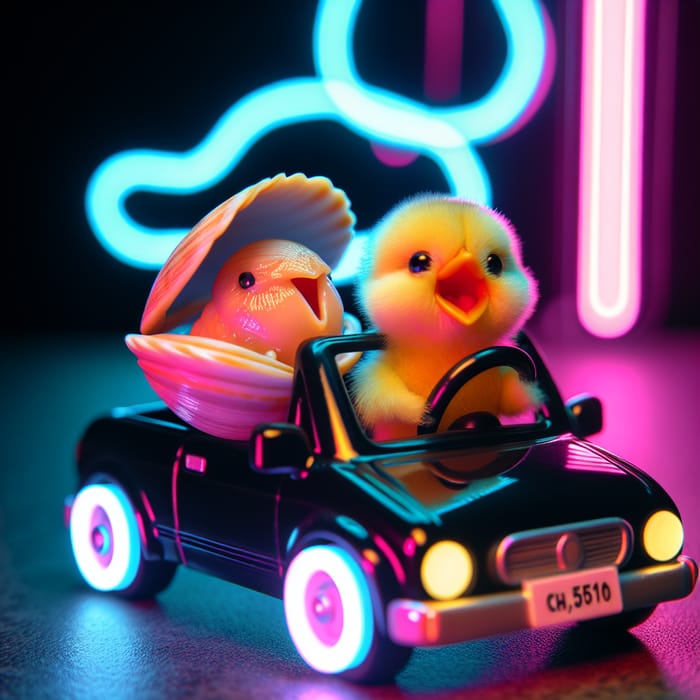 Chick and Mollusk Singing in Neon Car at Night