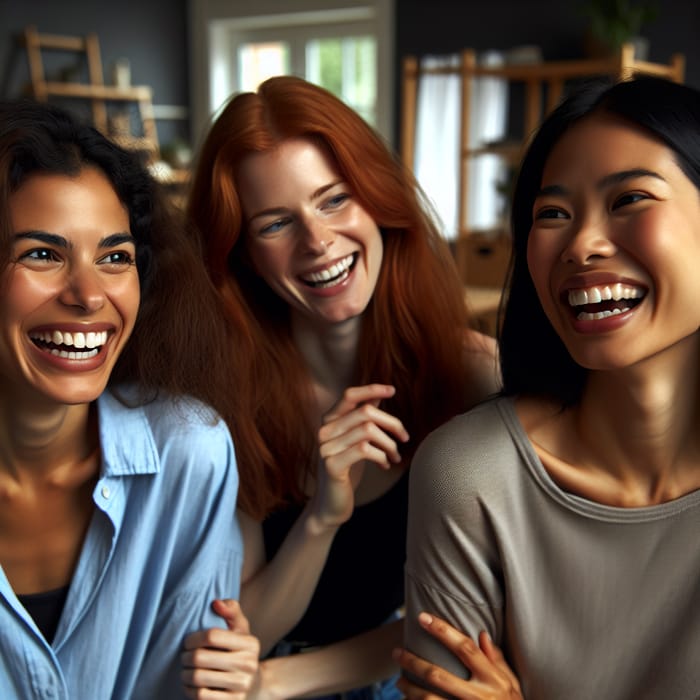 Three Female Friends Laughing Together at One's Home - Heartfelt Moments