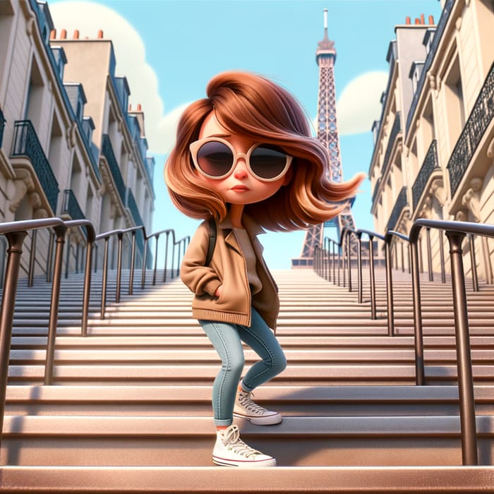 Pixar-Style Animation: Girl with Sunglasses Descending Stairs by Eiffel Tower