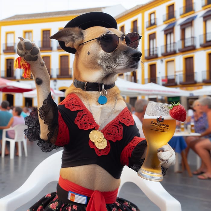 Dancing Dog in Town Square with Sunglasses and Beer - Spanish Flair
