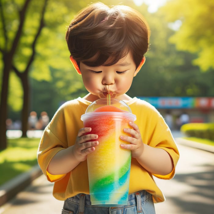 Chinese Kid Enjoying Colorful Slurpee in Park