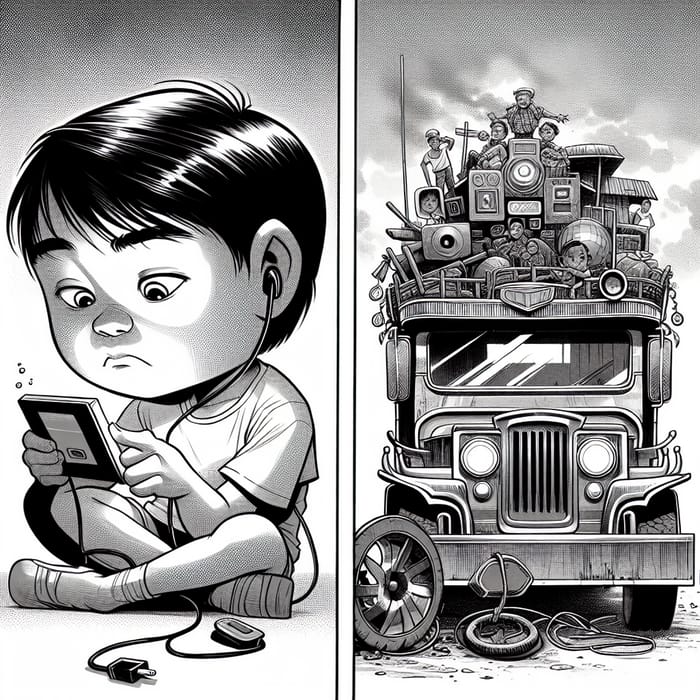 Generational Shift: Child's Modern vs. Neglected Traditional Jeepney