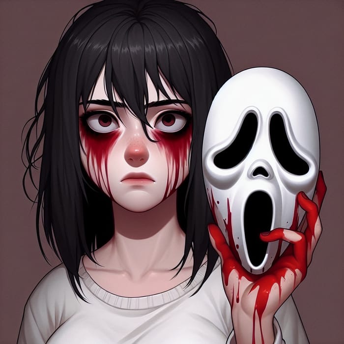 Crimson-Stained Girl with Black Hair, Blood, and Ghostface Mask