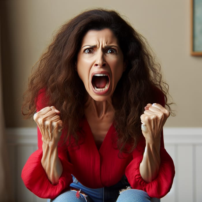 Middle-Aged Hispanic Woman Screaming in Intense Emotional Distress