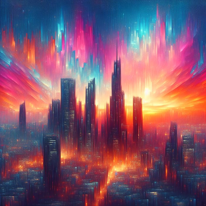Vibrant Cyberpunk Sunset: Ethereal Cityscape in Impressionist Style