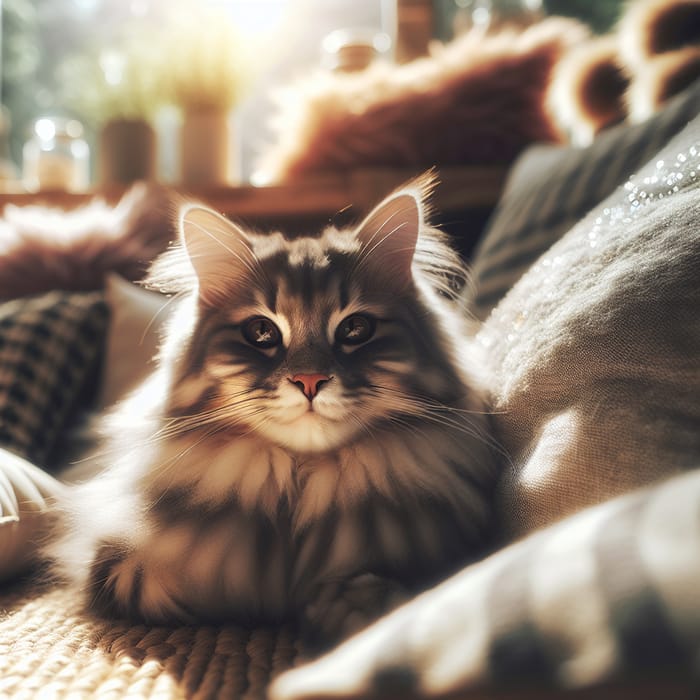 Calm Cat Basking in Sunlight on Soft Cushions