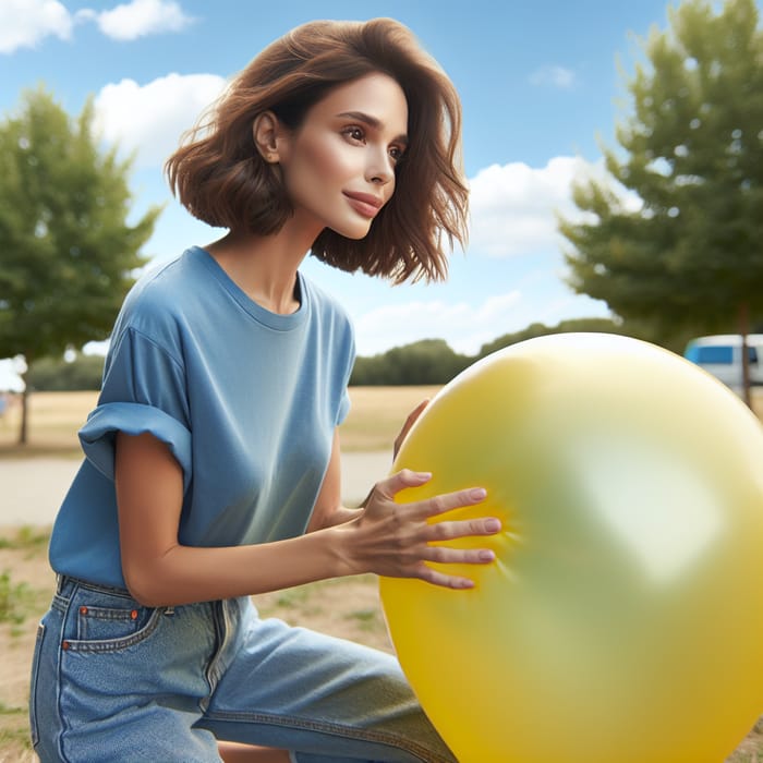 Woman Inflating Balloon Outdoors