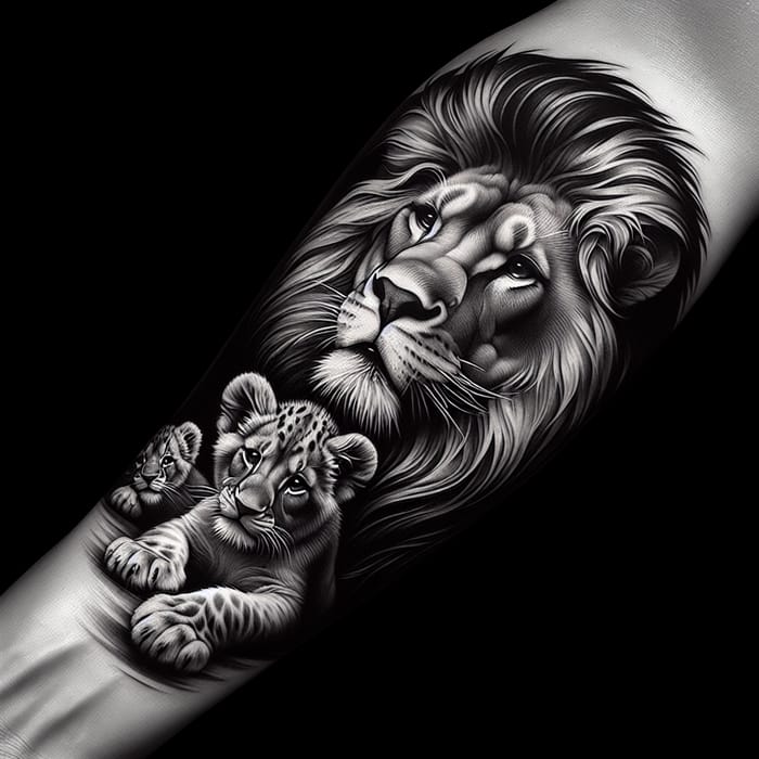 Realistic Lion Tattoo Design with Lion Cubs in Black & White