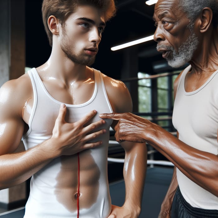 Sweating Young Man in White Tank Top at Gym with Trainer Guidance