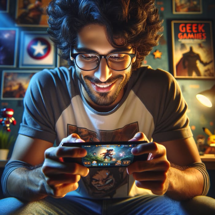 Curly Hair Guy Playing Mobile Games: Gamer's Delight