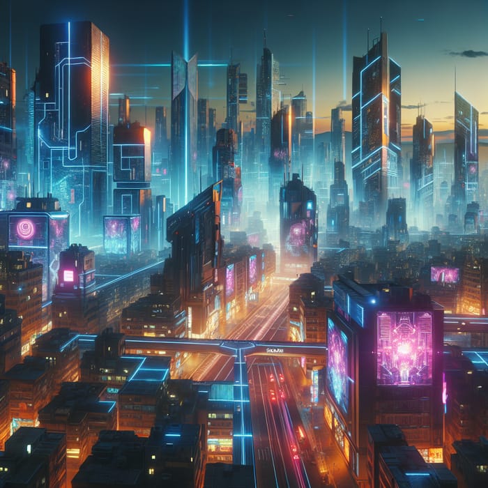 Neon Cyberpunk Cityscape at Dusk: Futuristic Aesthetics