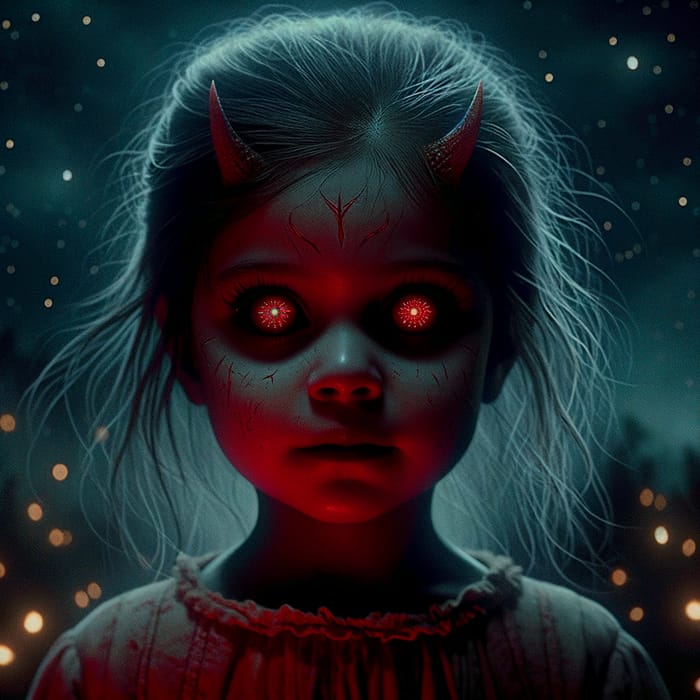 Small Devil Girl in Midnight Horror Scene | Red Shining Eyes