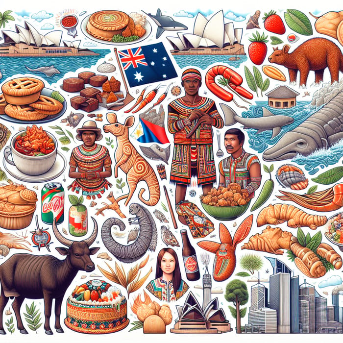 Australian and Filipino Cultures Collage: Foods, Landmarks & Attire