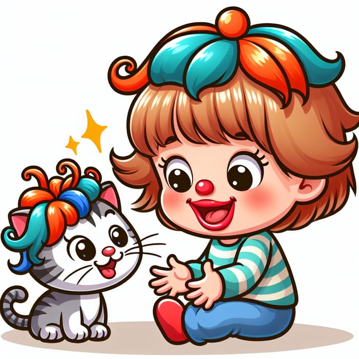 Adorable Kid with Red Lip Playing with Cute Cat Clipart