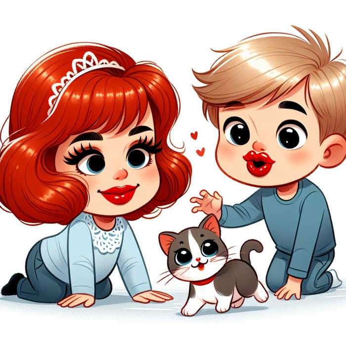 Adorable Kid Boy with Red Lip, Wig, and Cute Cat Clipart
