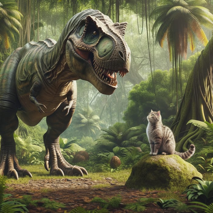 T-Rex and Cat Meeting in Ancient Jungle