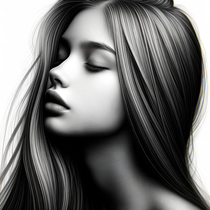 Realistic Girl with Long Hair Looking Up and to the Right